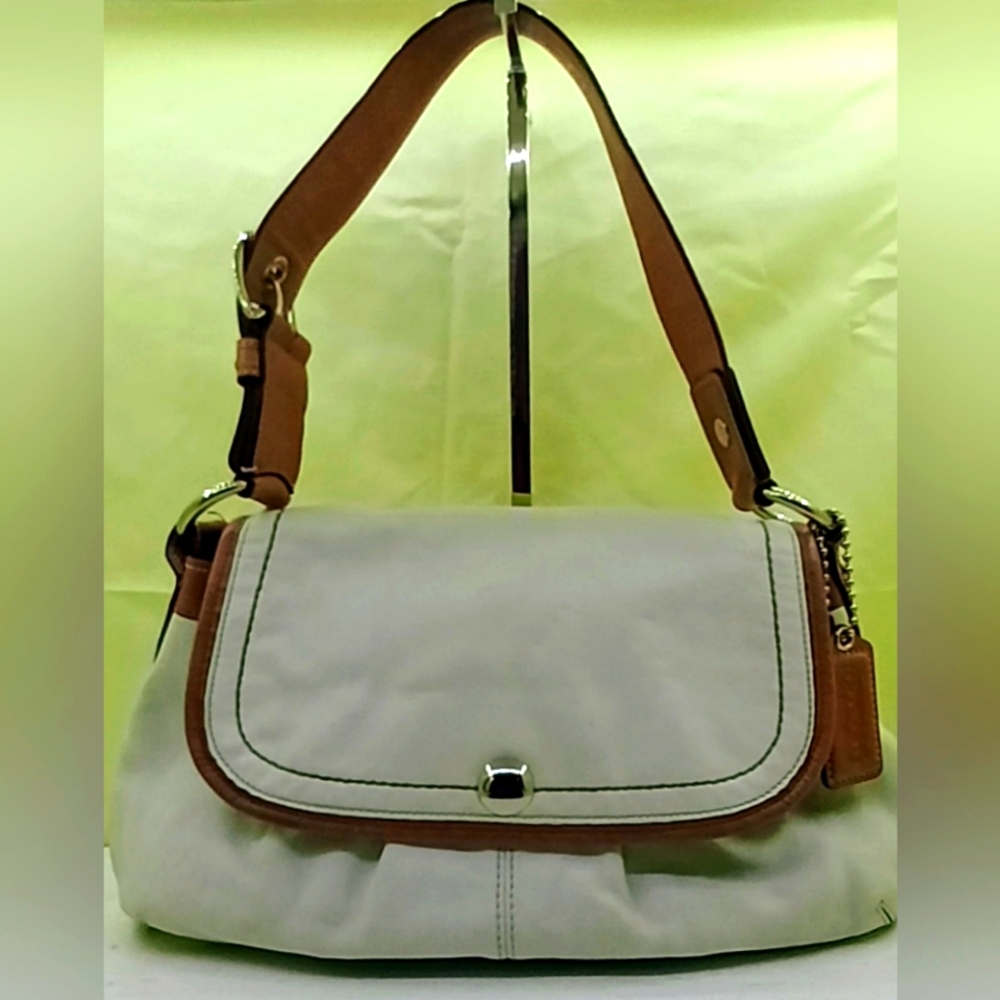 SOLD Coach Pleated SOHO Flap Shoulder Bag F13729 White Brown Leather Silver